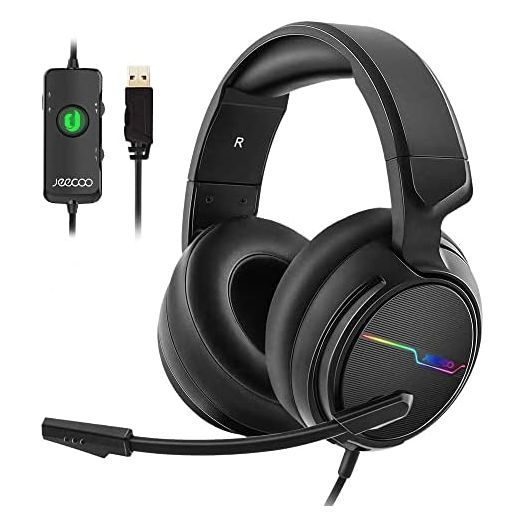 Jeecoo USB Pro Gaming Headset for PC - 7.1 Surround Sound Headphones with Noise Cancelling Microphone- Memory Foam Ear Pads RGB Lights for Laptops