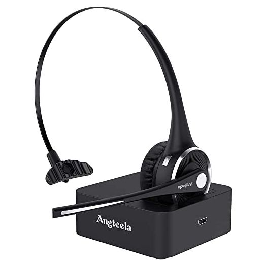 Trucker Bluetooth Headset, Angteela Wireless Headset with Microphone, Wireless Cell Phone Headset with Noise Canceling Mic Charging Base Mute Function for Home Office Call Center Skype