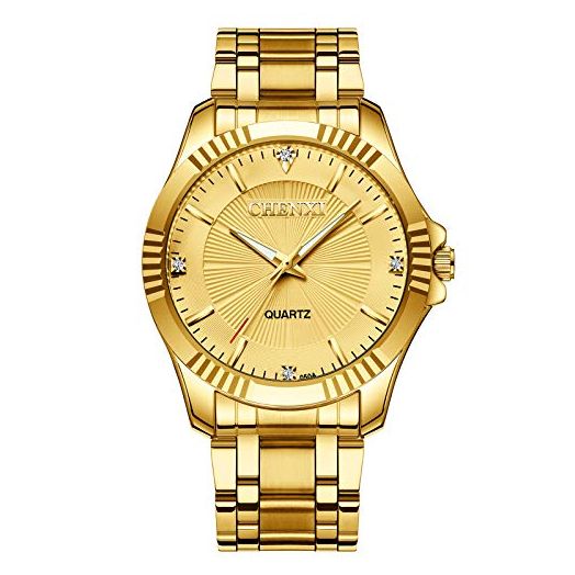 DREAMING Q&P Gold Stainless Steel IP Plated Men's Business Wrist Watches for Male with Crystals