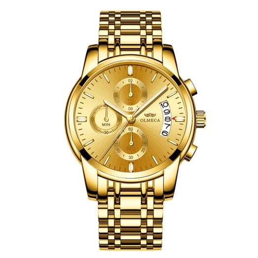 DREAMING Q&P Gold Plating Men's Analog Quartz Mutifunctional Watches for Man Stainless Steel Strap Gold Face Wristwatch