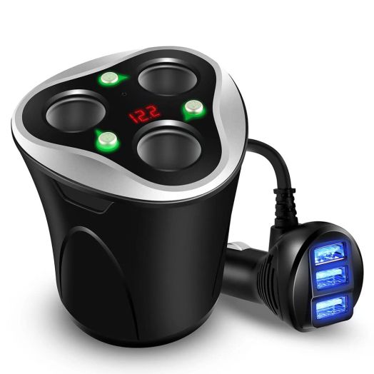 3 Socket Cigarette Lighter Splitter Power Adapter + 3 USB Car Charger 120W 12V/24V DC Outlet with Volt Meter, On/Off Switch for Cell Phone GPS Dash Cam & All Electronic Devices (Black)