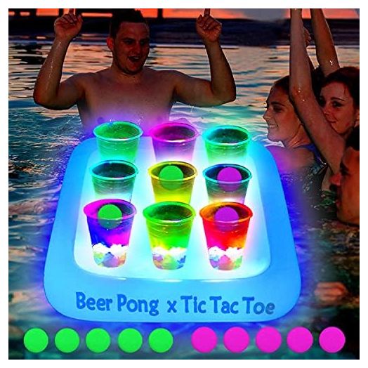 23*23 Inch Glowing Beer Pong Pool Party Rack Tic Tac Toe Floating Rafts, Swimming Pool Pong Party Game Drinking Game and Drink Holder, Includes 1 Rafts 9 Cups and 10 Pong Balls, Flashing Color 1