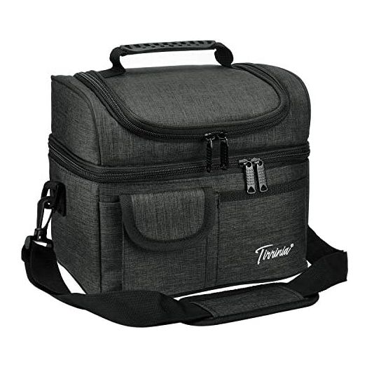 Tirrinia Insulated Lunch Bag, Leakproof Thermal Bento Cooler Tote for Women and Men, Dual Compartment with Shoulder Strap, 10.3" x 7.5" x 8.6", Black
