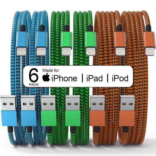 6 Pack [Apple MFi Certified] 3/3/6/6/10/10 FT iPhone Charger Colorful Nylon Lightning Cable Compatible iPhone 13 mini/13/12/11 Pro Max/XS MAX/XR/XS/X/8/7/Plus/6S/6/SE/5S/iPad