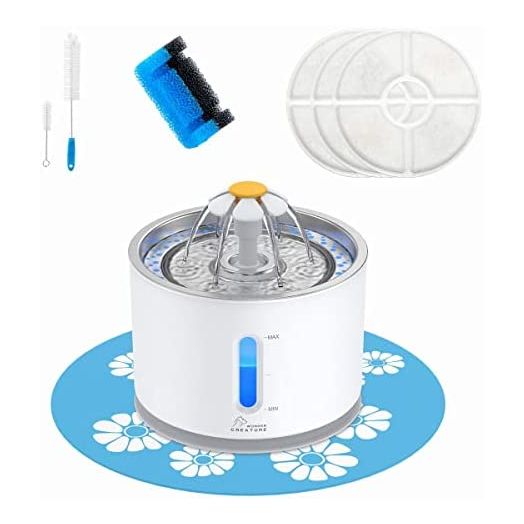 Cat Water Fountain Stainless Steel, 81oz/2.4L Cat Fountain with Water Level Window and LED Light for Water Shortage Alert, Cat and Dog Fountain with 3 Filters, 1 Mat and 2 Cleaning Brushes