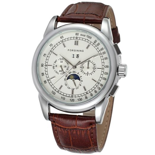 FORSINING Men's Fantastic Automatic Luxury Brand Brown Genuine Leather Strap Analog Moon Phase Watch