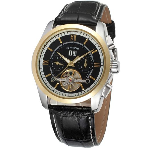 Forsining Men's Tourbillon Style Black Leather Strap Date Automatic Mechanical Calendar Watch FSG625M3T4