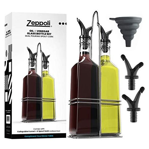 Zeppoli Olive Oil Dispenser Bottle Set, Stainless Steel Rack, 4 Removable Dual Spout (2 Pack)