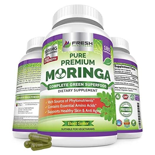 Moringa Oleifera 180 Capsules – 100% Pure Leaf Powder - Max 1000mg Per Serving - Complete Green Superfood Supplement - Full 3 Month Supply - Pure Miracle Tree Moringa Super Greens Powder Vegan Caps