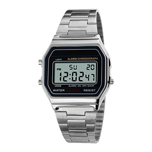 VIGOROSO Men Lady Vintage Retro Gold Stainless Steel Digital Casual Watch Alarm Stopwatch