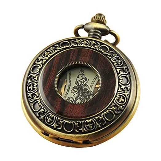 VIGOROSO Men's Hand-Wind Mechanical Pocket Watch Vintage Steampunk Wood Grain Hollow Design with Chain and Box