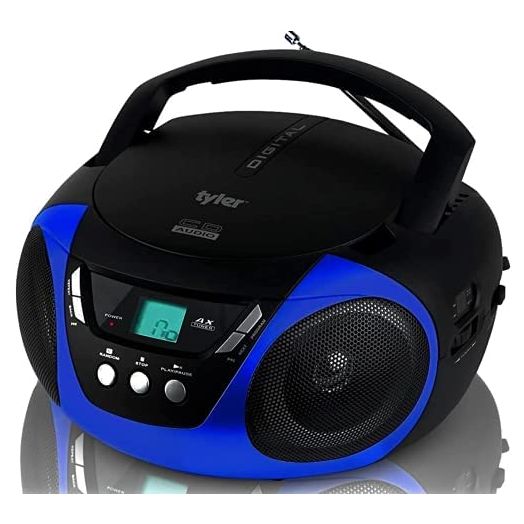Tyler Portable CD Player Boombox Radio AM/FM Top Loading AC & Battery Compatible Aux Input & 3.5mm Headphone Jack Small Lightweight Compact Boom Box Home Stereo Speaker Carrying Handle Kids Room Blue