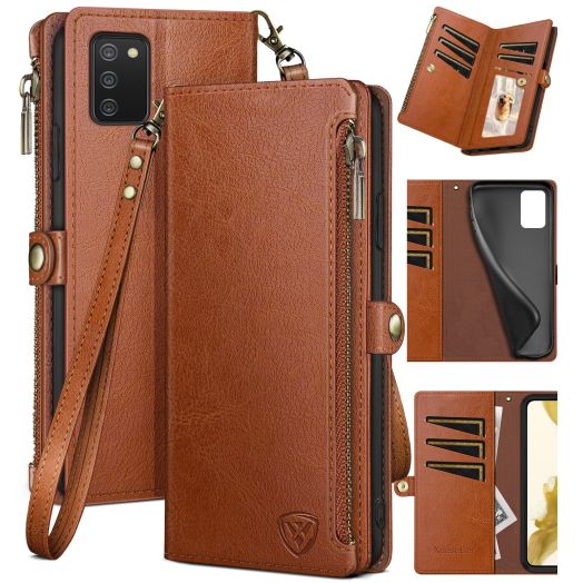 XcaseBar for Samsung Galaxy A03S Wallet case with Zipper Credit Card HolderRFID Blocking, Flip Folio Book PU Leather Phone case Shockproof Cover Women Men for SamsungA03S case Light Brown