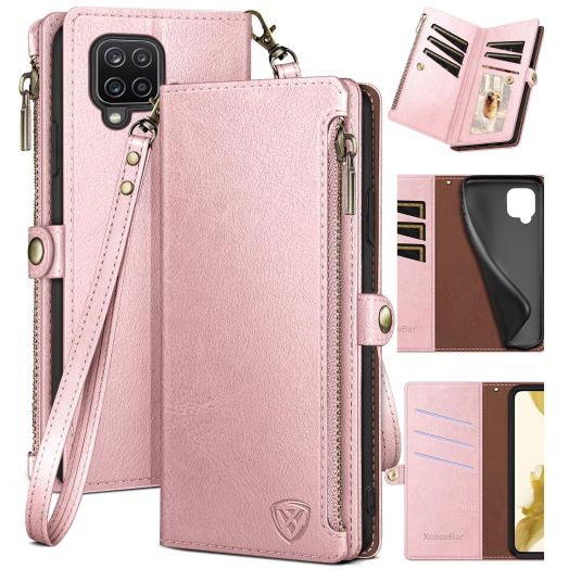 XcaseBar for Samsung Galaxy A12 5G Wallet case with Zipper Credit Card Holder RFID Blocking, Flip Folio Book PU Leather Phone case Shockproof Cover Women Men for Samsung A12 case Rose Gold