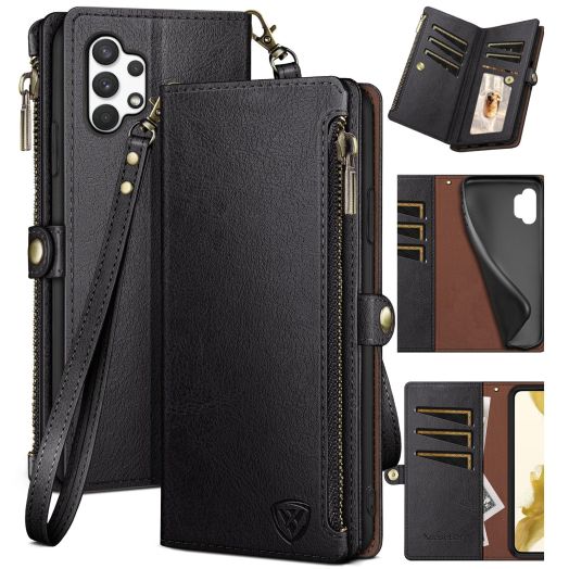 XcaseBar for Samsung Galaxy A32 5G Wallet case with Zipper Credit Card HolderRFID Blocking, Flip Folio Book PU Leather Phone case Shockproof Cover Women Men for A32 case Black