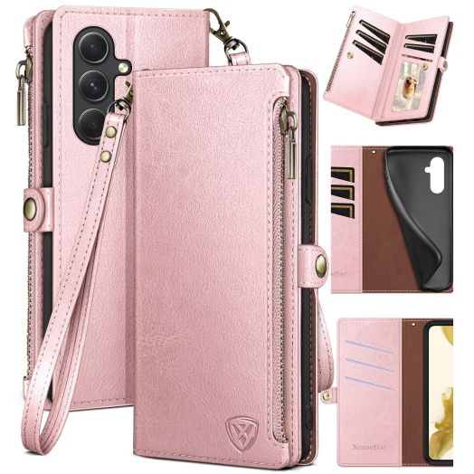 XcaseBar for Samsung Galaxy A54 5G Wallet case with Zipper Credit Card HolderRFID Blocking, Flip Folio Book PU Leather Phone case Shockproof Cover Women Men for Samsung A54 case Rose Gold