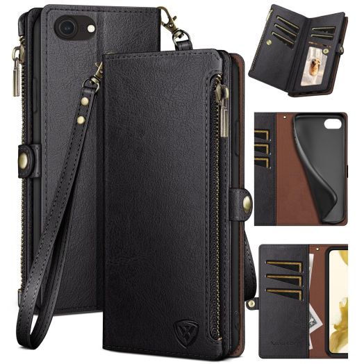 XcaseBar for iPhone SE 3rd/7/8 Wallet case with Zipper Credit Card HolderRFID Blocking, Flip Folio Book PU Leather Phone case Shockproof Cover Women Men for Apple SE case Black