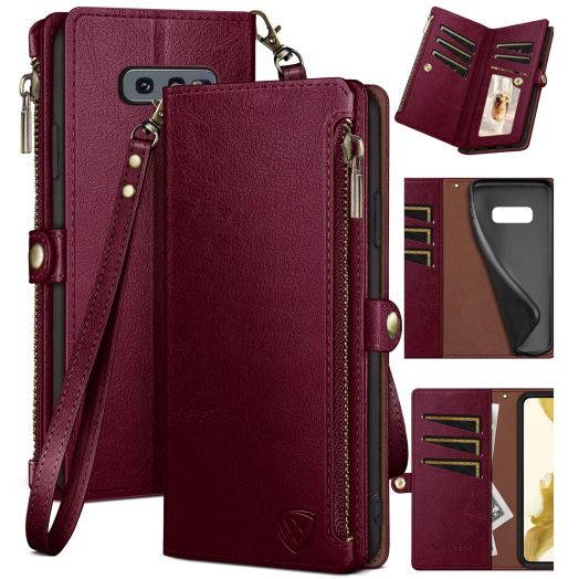 XcaseBar for Samsung Galaxy S10E Wallet case with Zipper Credit Card HolderRFID Blocking, Flip Folio Book PU Leather Phone case Shockproof Cover Women Men for Samsung S10E case Wine Red