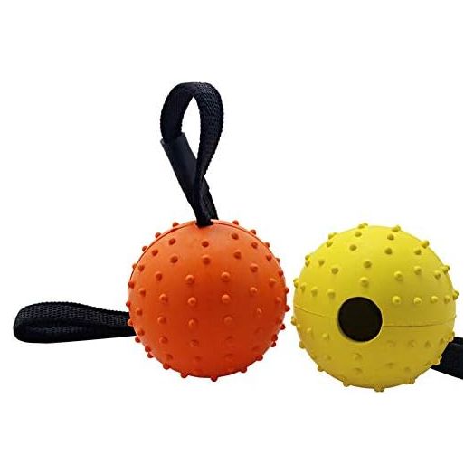 Vivifying Dog Ball on a Rope, 2 Pack Natural Interactive Rubber Ball for Fetch, Catch, Throw, Training and Tug of War (Orange + Yellow)