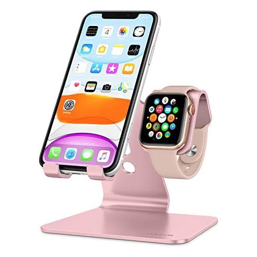 Apple Watch Stand, OMOTON 2 in 1 Universal Desktop Stand Holder for iPhone and Apple Watch Series 7/6/5/4/3/2/1 and Apple Watch SE (Both 38mm/40mm/42mm/44mm) (Rose Gold)