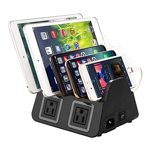 UDOLI 5 USB Ports Charging Station Organizer for Multiple Devices Fast Charging Desktop Stand for Apple Android Phone Tablet 1600W 2 AC Power Outlets Charger Dock for Home Office 3 Prong Cord Black