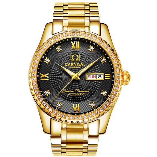 CARNIVAL Mens Dial Automatic Full Gold Stainless Steel Sapphire Glass Waterproof Men Black Watch
