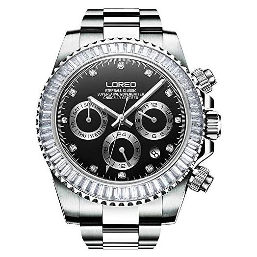 LOREO Men Automatic Mechanical Multifunction Stainless Steel Sapphire Crystal Blcak Dial Waterproof Watch