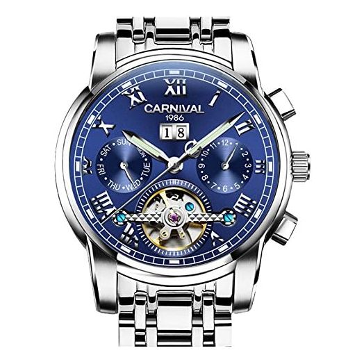 Mens tourbillon Automatic Mechanical Watch Silver Stainless Steel Multifunction Blue Watches