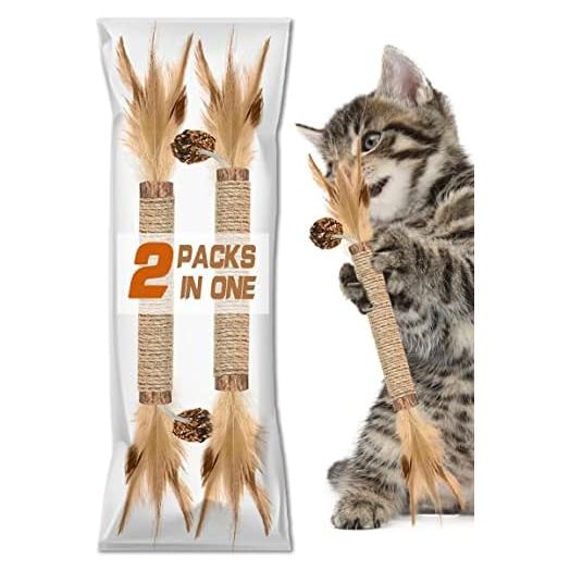 (2-Pack) Silvervine Sticks for Cats, Cat Feather Toys, Silvervine Cat Toy,Cat Chew Toy for Indoor Cats, Kitten Teething Toys, Interactive Organic Matatabi Catnip Silver Vine Cat Nip Kicker for Kitty