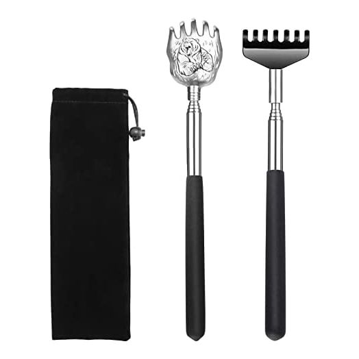 2 Pack Portable Extendable Back Scratcher - Backscratchers for Men Women - Metal Stainless Steel Telescoping Massage Tool with Carrying Bag (Black)