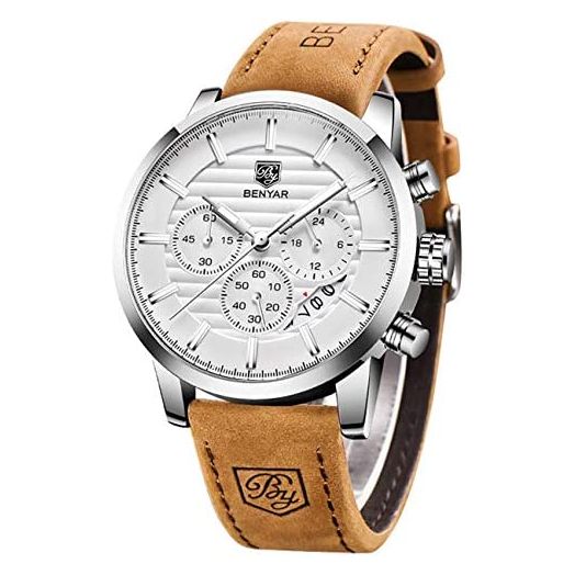 BENYAR Quartz Chronograph Waterproof Watches Business and Sport Design Leather Band Strap Wrist Watch for Men