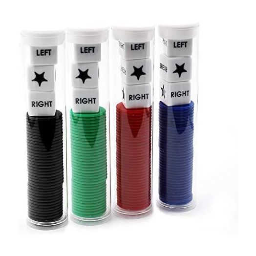 Spidfee Rigth Left Center Dice Game Set with 3 Dices + 36 Chips, 4 Sets Assorted Colors (4 Pack)