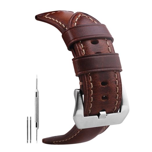 szzijia 24mm Genuine Leather Watch Band Blue Oil-tanned Natural Crack Leather Wrist Straps With Durable Buckle (Brown And Silver Buckle)