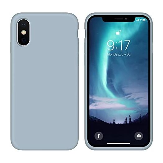 OUXUL Case for iPhone X/iPhone Xs 5.8 inch Liquid Silicone Gel Rubber Phone Case, Full Body Slim Soft Microfiber Lining Cushion Shockproof Protective Case Compatible with iPhone X/iPhone Xs(Blue Grey)