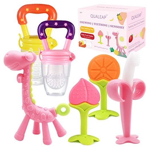 Teething Toys for Babies 0-6 Months 6-12 Months - Teethers with 2 × Baby Fruit Feeders and 4 × Baby Teether - BPA Free / Freezer Free - Different Soft Textures for Infant and Toddlers (Pink)