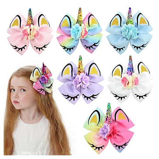 Girls Unicorn Hair Bows with Alligator Hair Clips Cheer Bows Hair Accessories for Kids Toddlers (6 Pack)