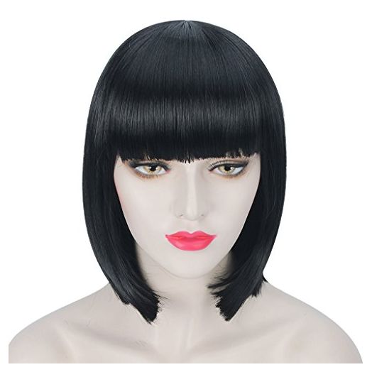WELLKAGE 14 inches Halloween Party Short Straight Black Bob Hair Wigs