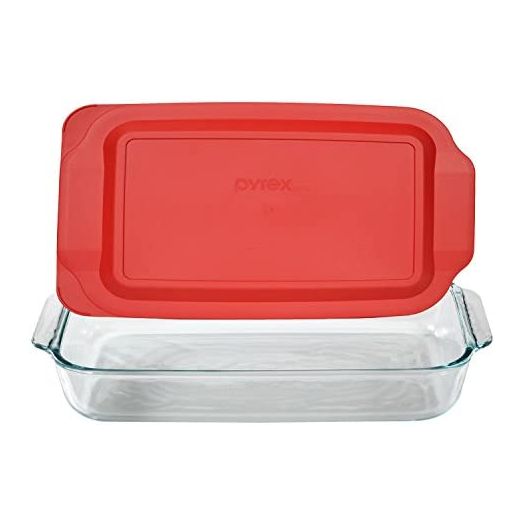 Pyrex Basics 3 Quart Glass Oblong Baking Dish with Red Plastic Lid -13.2 INCH x 8.9inch x 2 inch