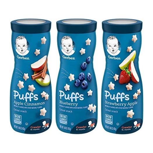 Gerber Puffs Cereal Snack Variety Pack - 1 Apple Cinnamon, 1 Blueberry, 1 Strawberry Apple - 1.48 OZ Each (Pack of 3)