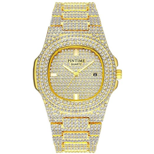 FANMIS Unisex Luxury Crystal Diamond Watches Silver Gold Fashion Quartz Analog Watch Stainless Steel Band Mens Womens Iced-out Bracelet Watch (Gold)