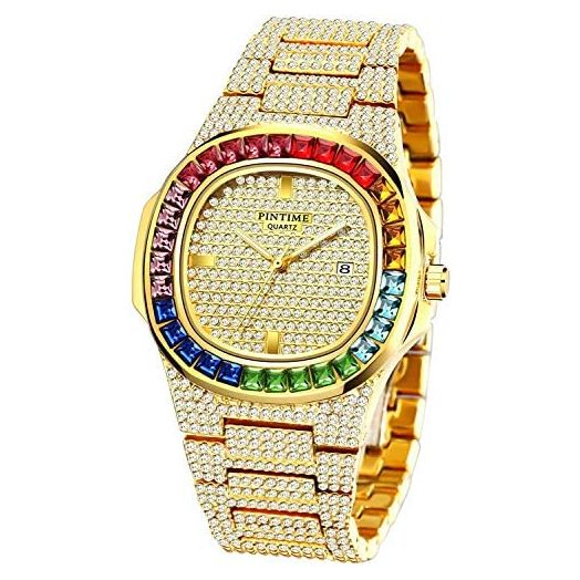 Luxury Bling-ed Out Colorful Full Diamond Watches Fashion Quartz Analog Stainless Steel Band Bracelet Wrist Watch