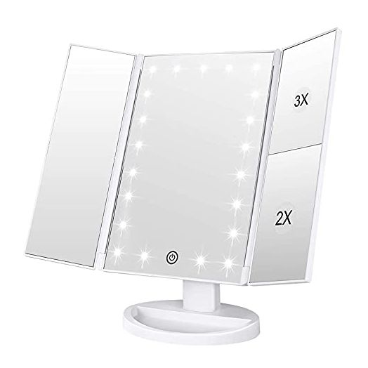 WEILY Makeup Mirror with 21 LED Lights, Two Power Supply, Touch Screen and 1x/2x/3x Magnification Tri-Fold Vanity Mirror