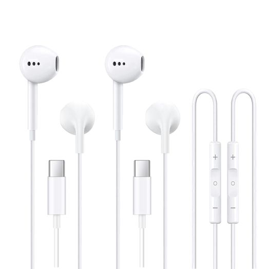 USB C Headphones, Type C Wired Headphones Earbuds, Earphones in-Ear with Microphone Volume Control and Stereo, Compatible with iPhone 15/Samsung/iPad Pro/Sony/Android and Most USB C Devices 2 Pack