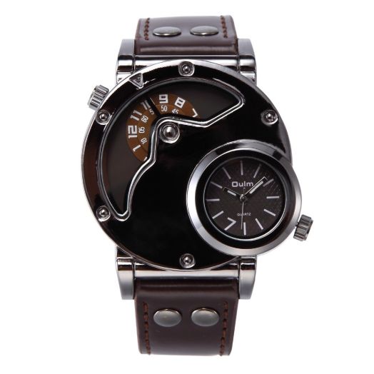 Brand HP9591 Men Watches Stainless Steel Case Big Face Dual Time Zones Leather Strap Quartz-Watch Men's Watches Nice Gift