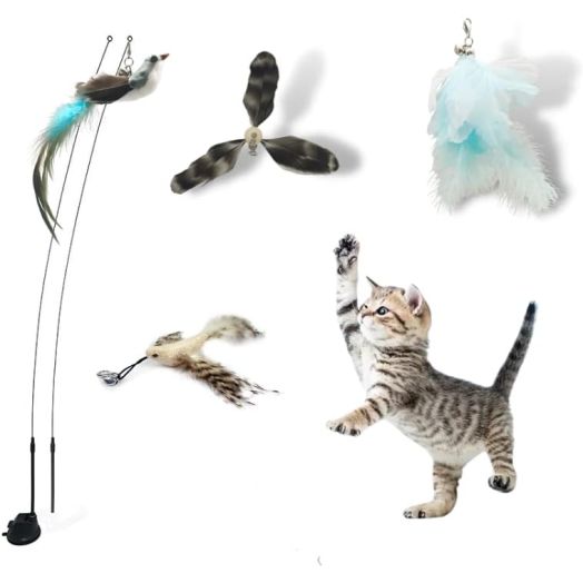 Suction Cup Teasing Cat Stick Suit Windmill Replacement Head (4head+2pole+Suction Cup)
