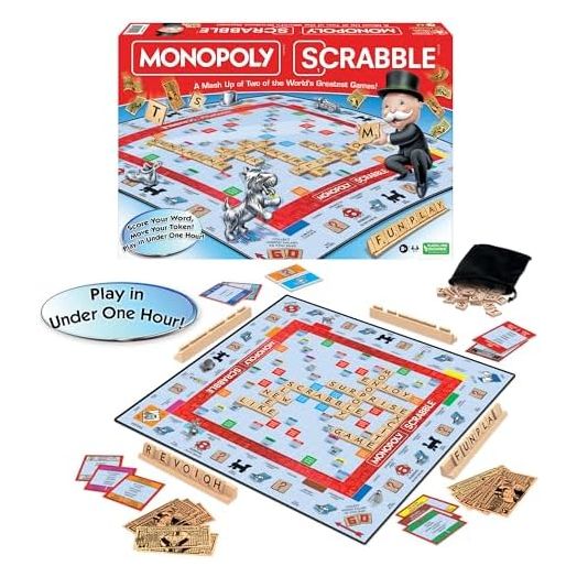 Winning Moves Games Monopoly Scrabble Game, Play in UNDER ONE HOUR, Score Your Scrabble Word, Move Your Token, USA