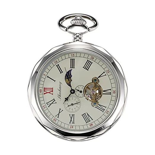 TREEWETO Mechanical Pocket Watches Roman Numerals Open Face with Chain Men 24-Hour Moon Sun + Box