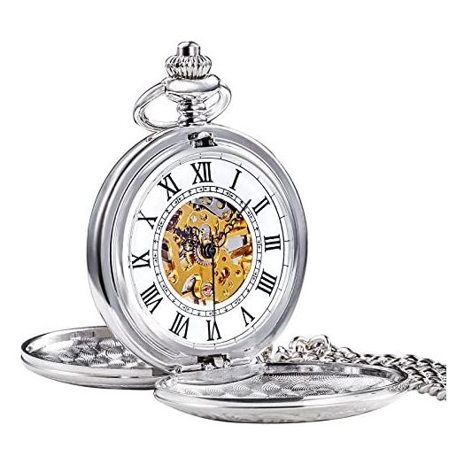 TREEWETO Mens Skeleton Mechanical Pocket Watch, Retro Roman Numerals, Half Hunter, Bronze