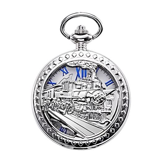 TREEWETO Mens Womens Antique Mechanical Pocket Watch Skeleton Silver Case Steam Train Railroad Roman Numerals