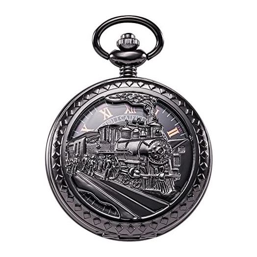TREEWETO Mens Womens Antique Mechanical Pocket Watch Skeleton Black Case Steam Train Railroad Roman Numerals